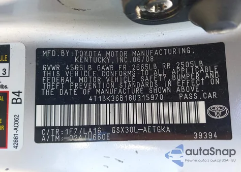 2008 Toyota Avalon Xls z USA, uszkodzony, nr VIN 4T1BK36B18U315970